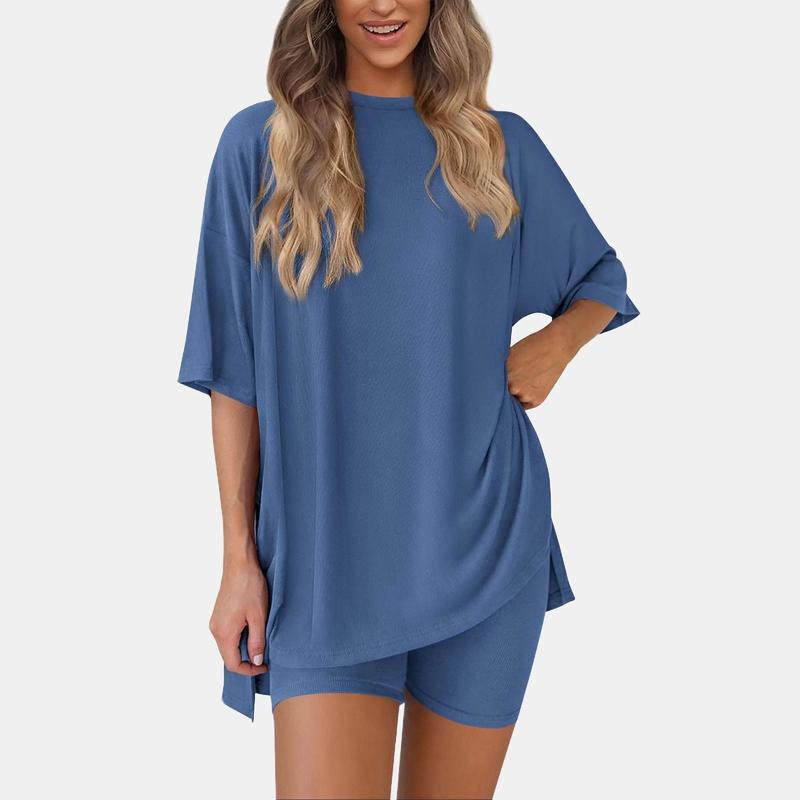 PrettyGarden Women's Summer Two-Piece Set 2025 Casual Oversized Shirts Biker Shorts Matching Airport Travel Outfit Split Hem Lounge