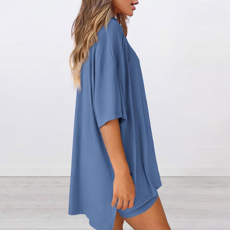PrettyGarden Women's Summer Two-Piece Set 2025 Casual Oversized Shirts Biker Shorts Matching Airport Travel Outfit Split Hem Lounge