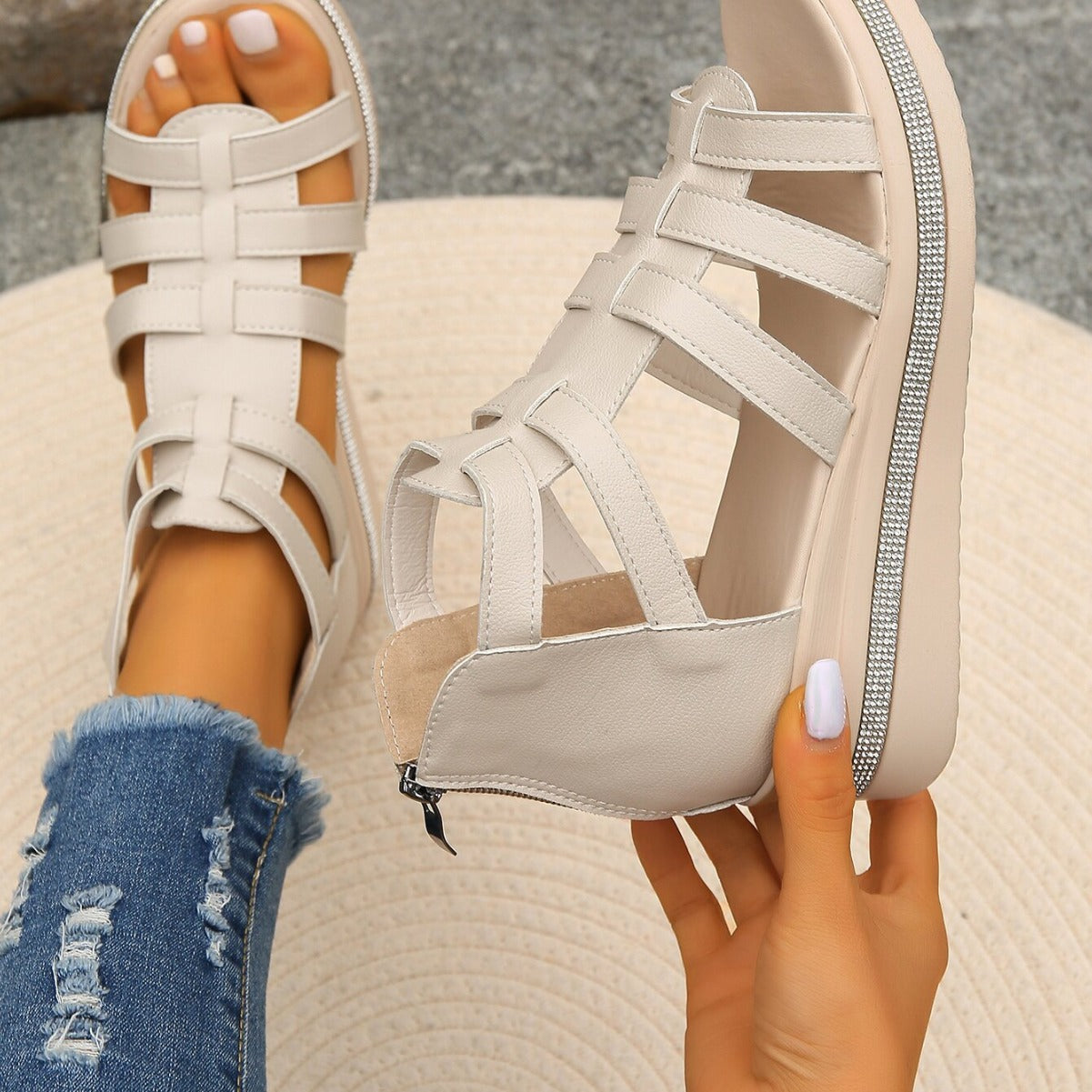 Summer women's sandals wedge heel rhinestone thick bottom Roman sandals hollow women's shoes