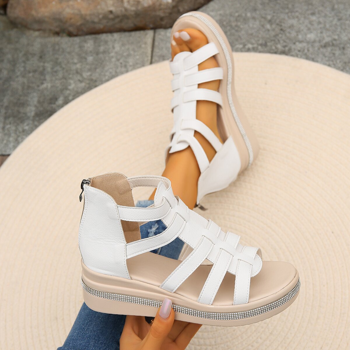Summer women's sandals wedge heel rhinestone thick bottom Roman sandals hollow women's shoes