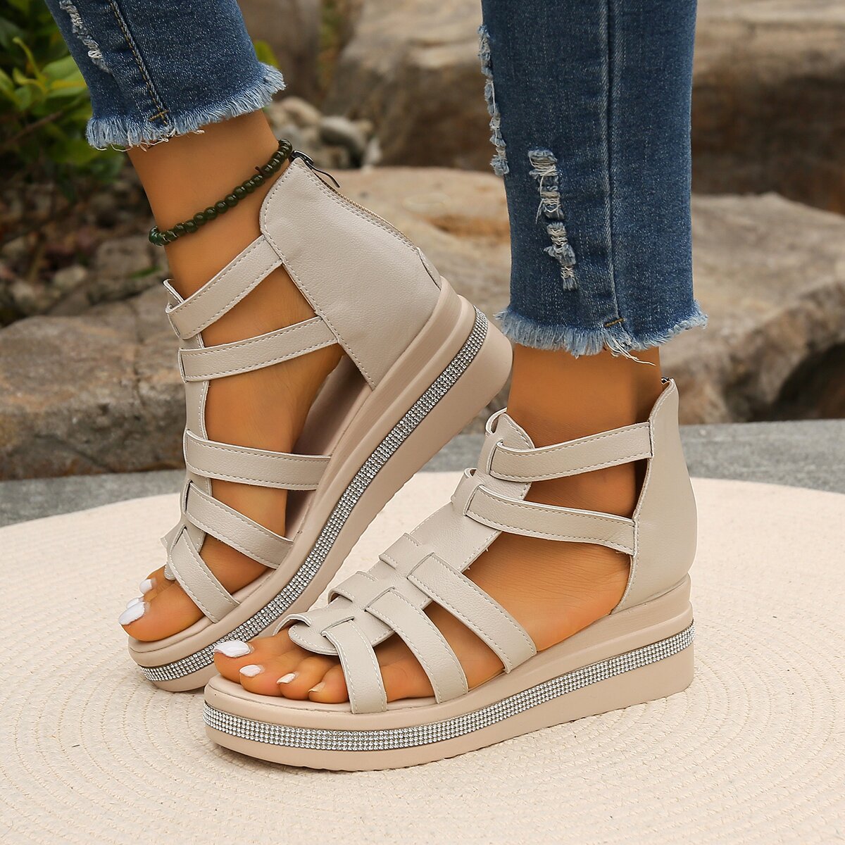 Summer women's sandals wedge heel rhinestone thick bottom Roman sandals hollow women's shoes