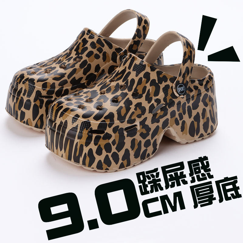 Thick-soled hole shoes for women to wear outside in summer DIY European station leopard print sandals small high-heeled hole shoes