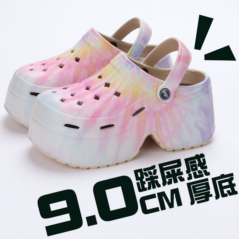 Thick-soled hole shoes for women to wear outside in summer DIY European station leopard print sandals small high-heeled hole shoes