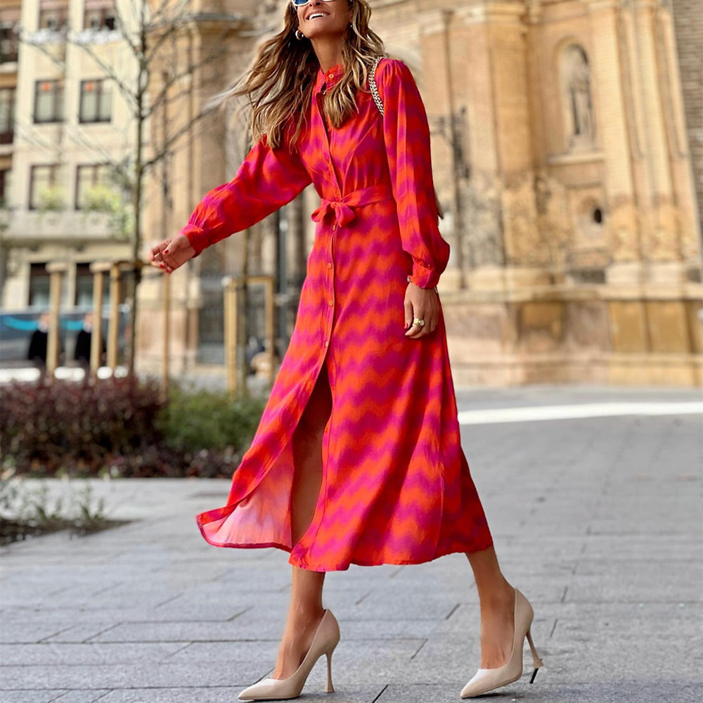 Color Blcok Geo Print V-Neck Button-up Maxi Dress