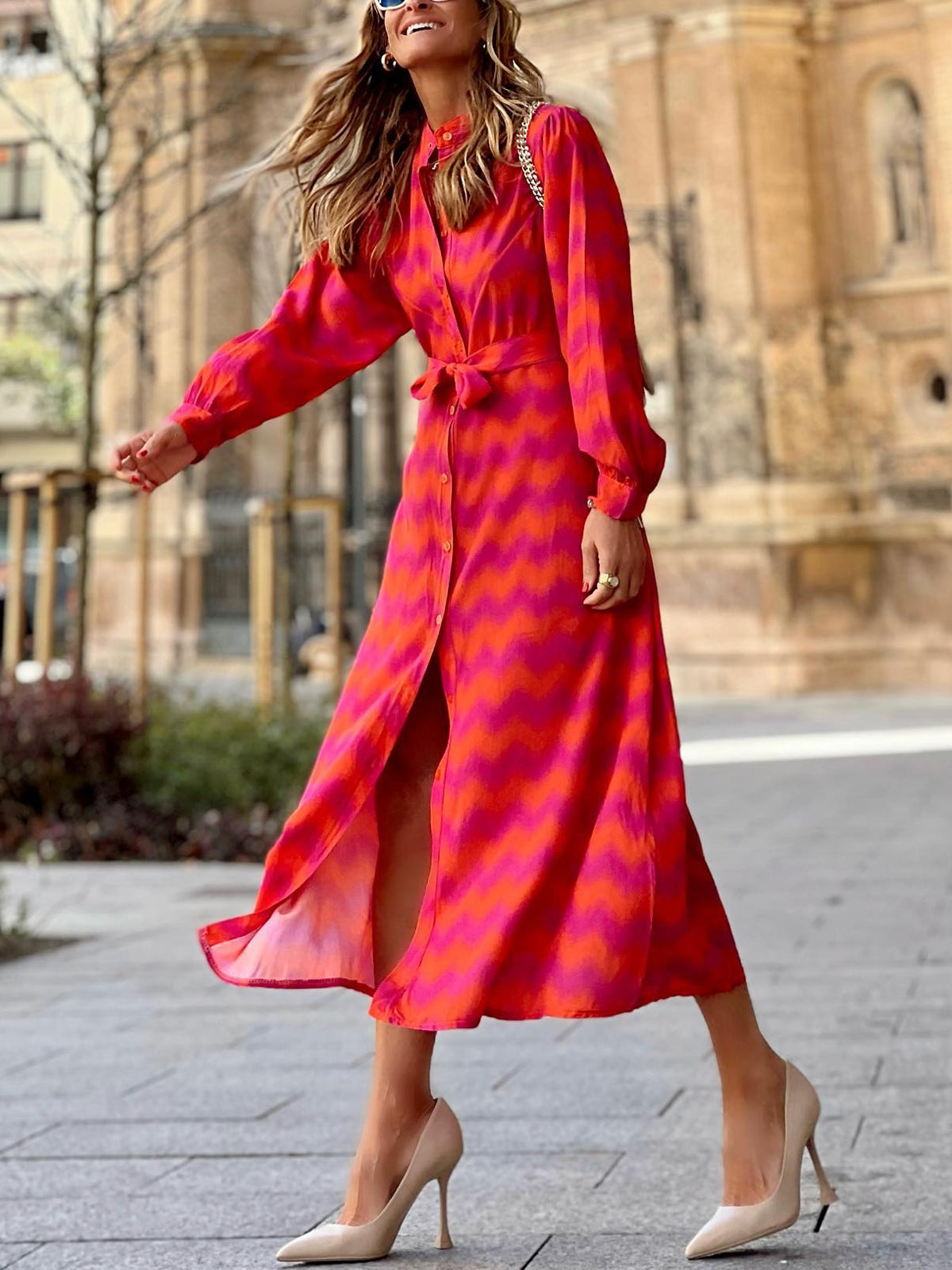 Color Blcok Geo Print V-Neck Button-up Maxi Dress