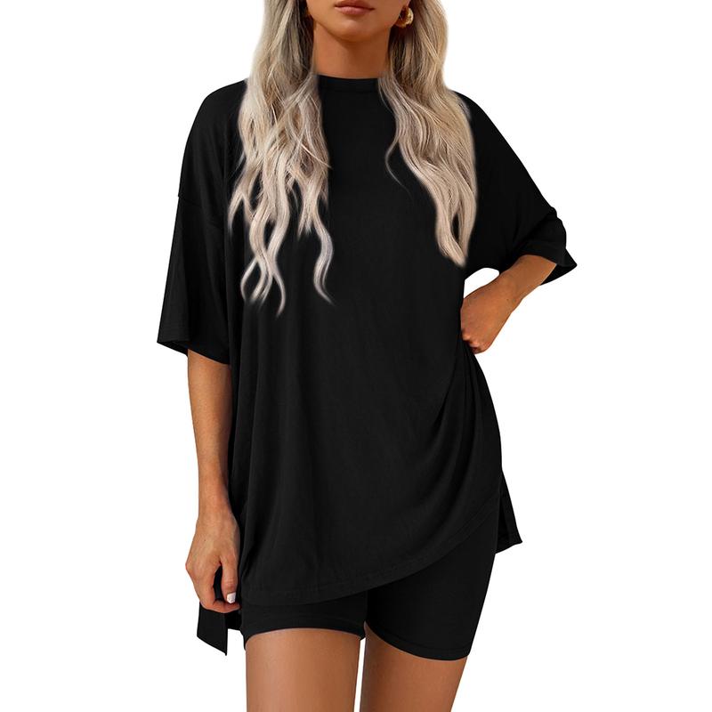 PrettyGarden Women's Summer Two-Piece Set 2025 Casual Oversized Shirts Biker Shorts Matching Airport Travel Outfit Split Hem Lounge