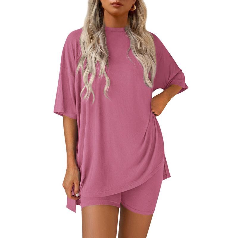 PrettyGarden Women's Summer Two-Piece Set 2025 Casual Oversized Shirts Biker Shorts Matching Airport Travel Outfit Split Hem Lounge