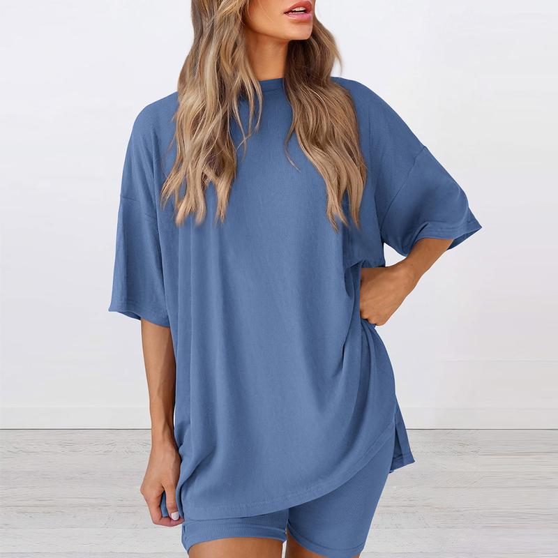PrettyGarden Women's Summer Two-Piece Set 2025 Casual Oversized Shirts Biker Shorts Matching Airport Travel Outfit Split Hem Lounge