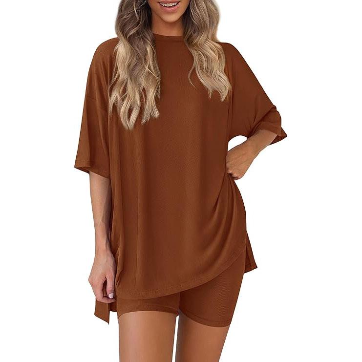 PrettyGarden Women's Summer Two-Piece Set 2025 Casual Oversized Shirts Biker Shorts Matching Airport Travel Outfit Split Hem Lounge