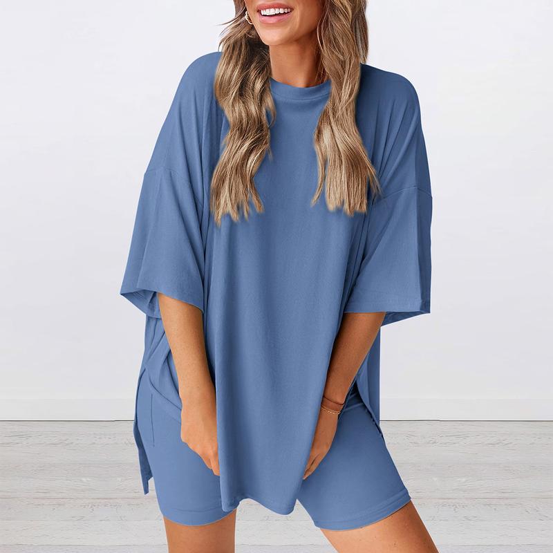 PrettyGarden Women's Summer Two-Piece Set 2025 Casual Oversized Shirts Biker Shorts Matching Airport Travel Outfit Split Hem Lounge