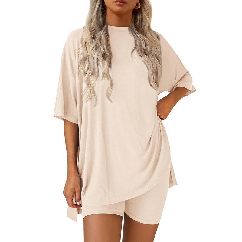 PrettyGarden Women's Summer Two-Piece Set 2025 Casual Oversized Shirts Biker Shorts Matching Airport Travel Outfit Split Hem Lounge