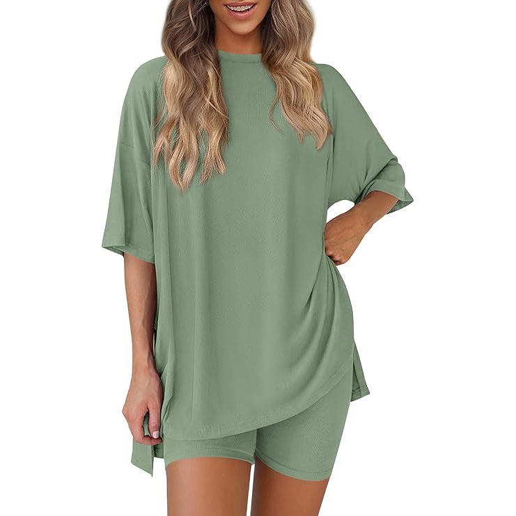PrettyGarden Women's Summer Two-Piece Set 2025 Casual Oversized Shirts Biker Shorts Matching Airport Travel Outfit Split Hem Lounge