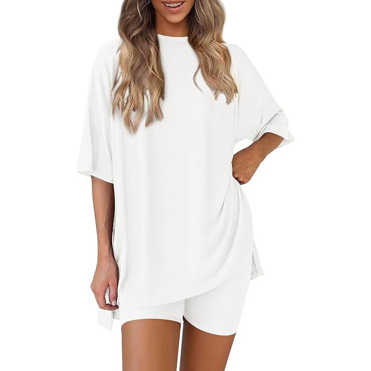PrettyGarden Women's Summer Two-Piece Set 2025 Casual Oversized Shirts Biker Shorts Matching Airport Travel Outfit Split Hem Lounge