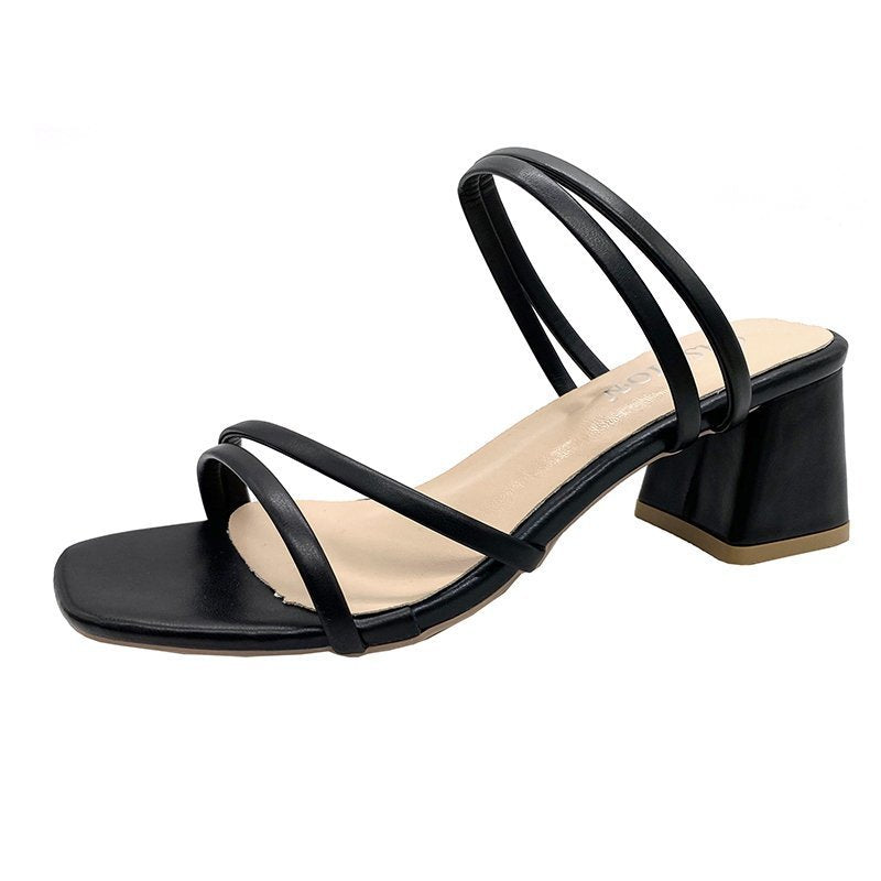 New mid-heeled sandals for women to wear as outerwear, thick heels and one-strap shoes for women