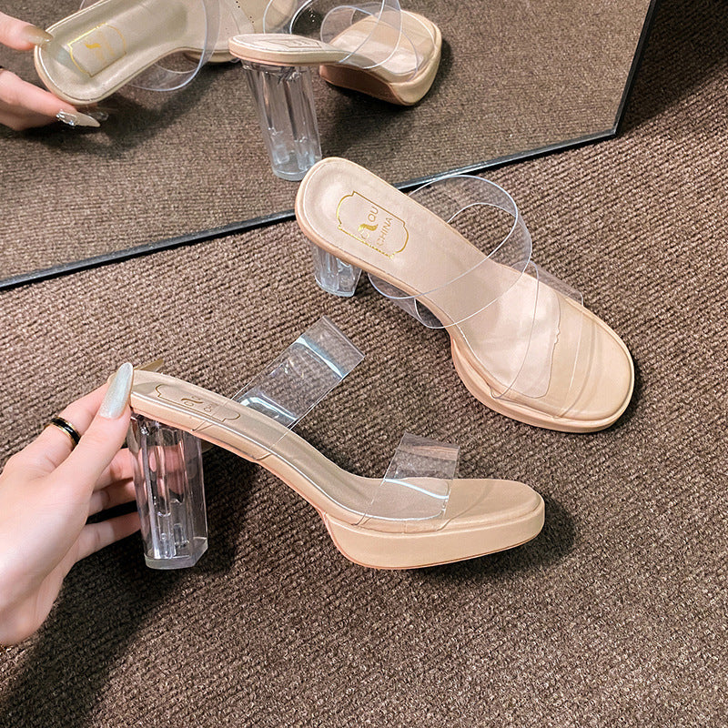 Summer new European and American style one-line transparent strap women's large size square head thick high heels