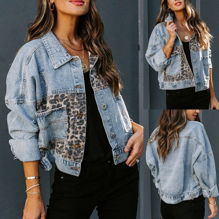 2025 new denim jacket long sleeve leopard print patchwork top