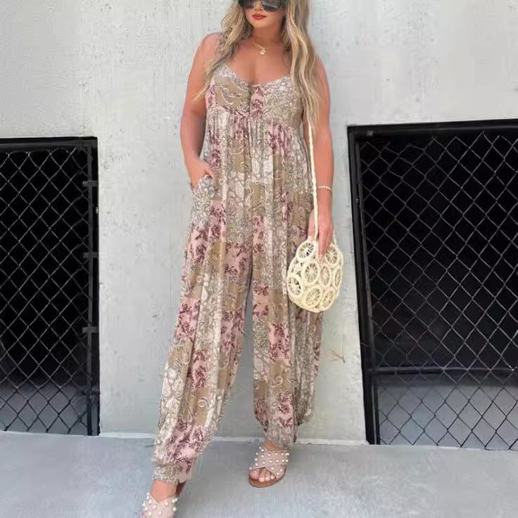 Women's high waist trendy loose printed shoulder strap jumpsuit