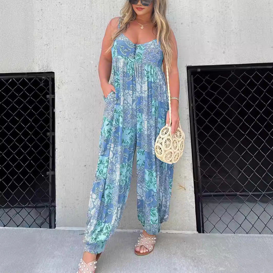 Women's high waist trendy loose printed shoulder strap jumpsuit