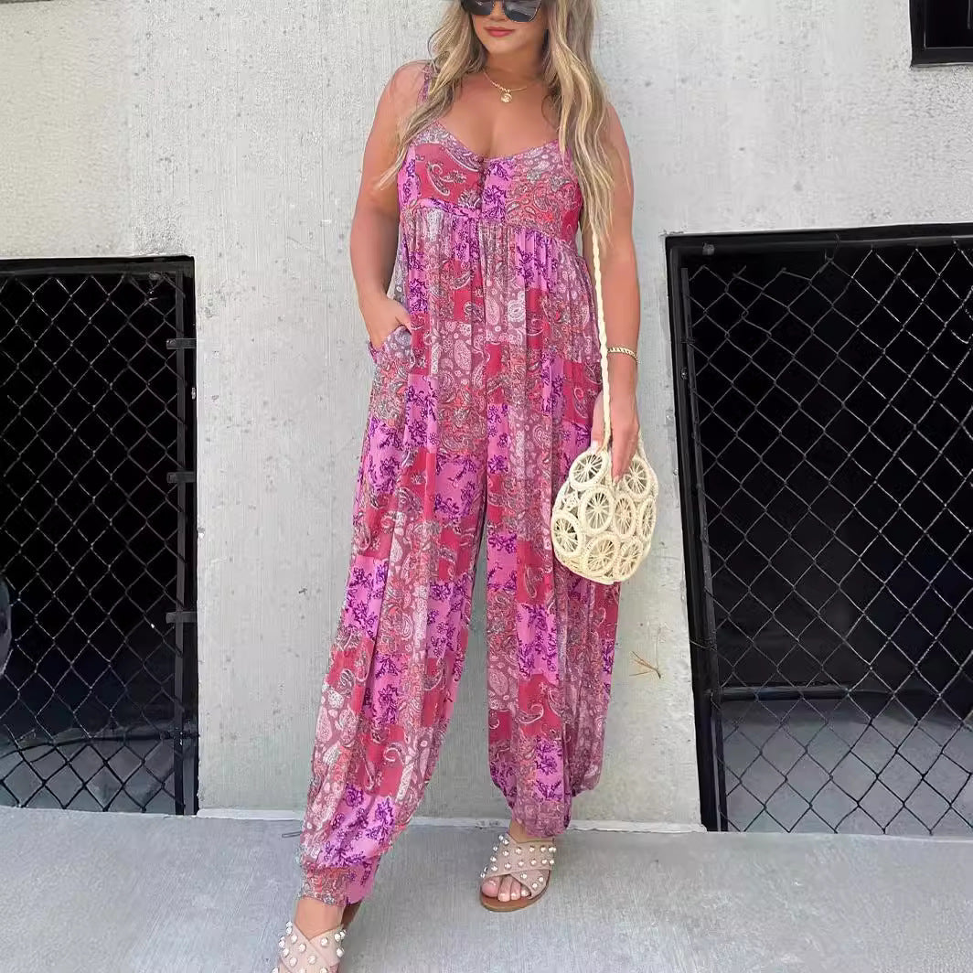 Women's high waist trendy loose printed shoulder strap jumpsuit