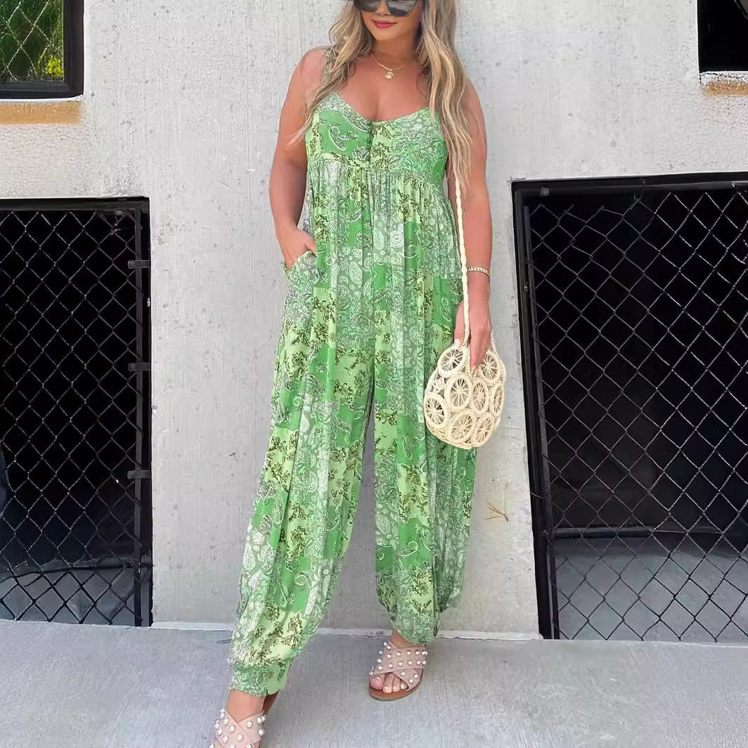 Women's high waist trendy loose printed shoulder strap jumpsuit