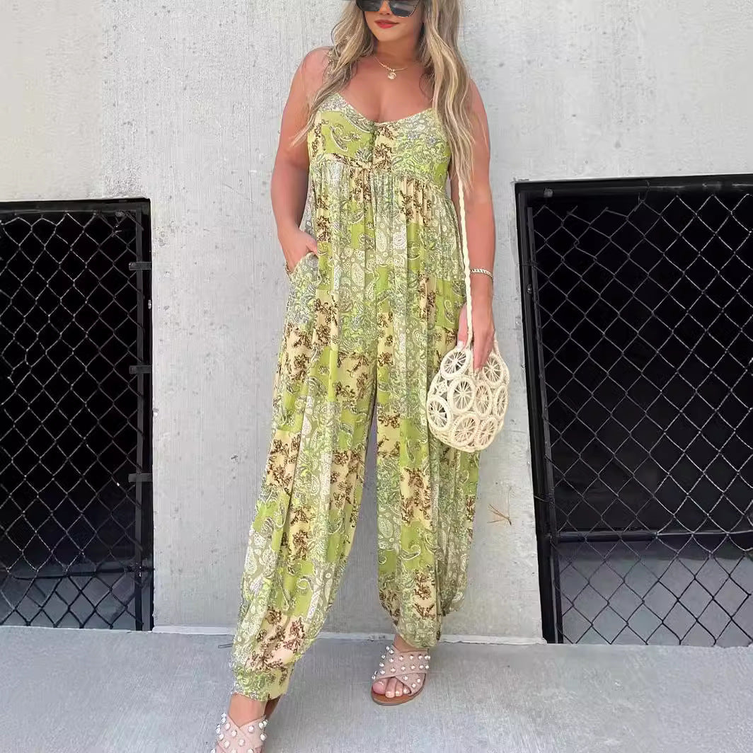 Women's high waist trendy loose printed shoulder strap jumpsuit