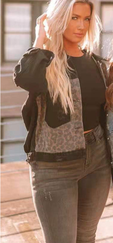 2025 new denim jacket long sleeve leopard print patchwork top