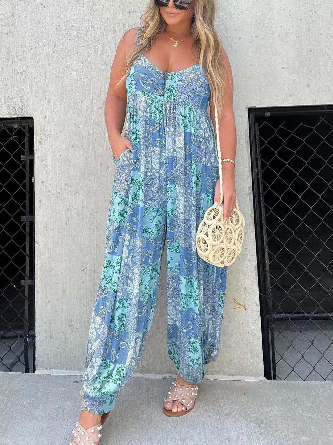 Women's high waist trendy loose printed shoulder strap jumpsuit