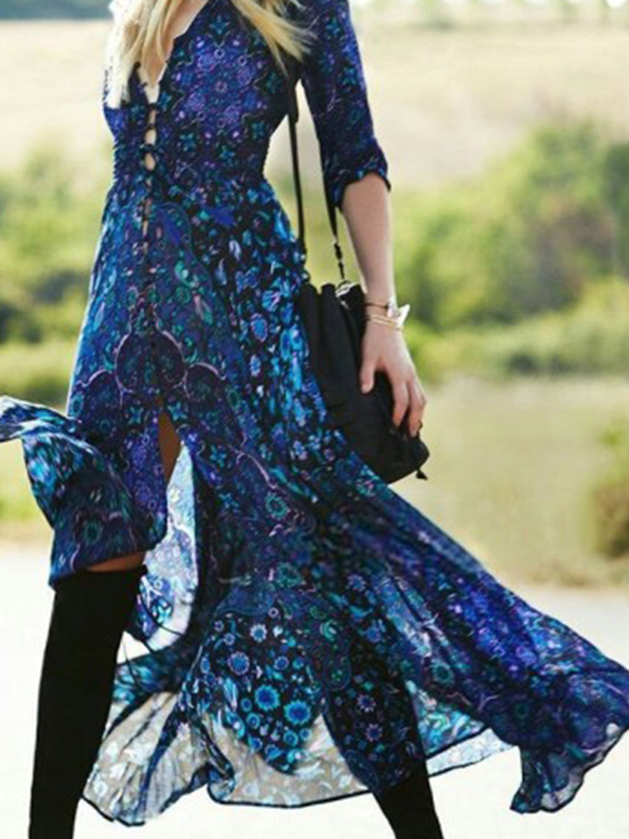 Bohemian Floral Print Long Sleeve V-Neck Casual Dress