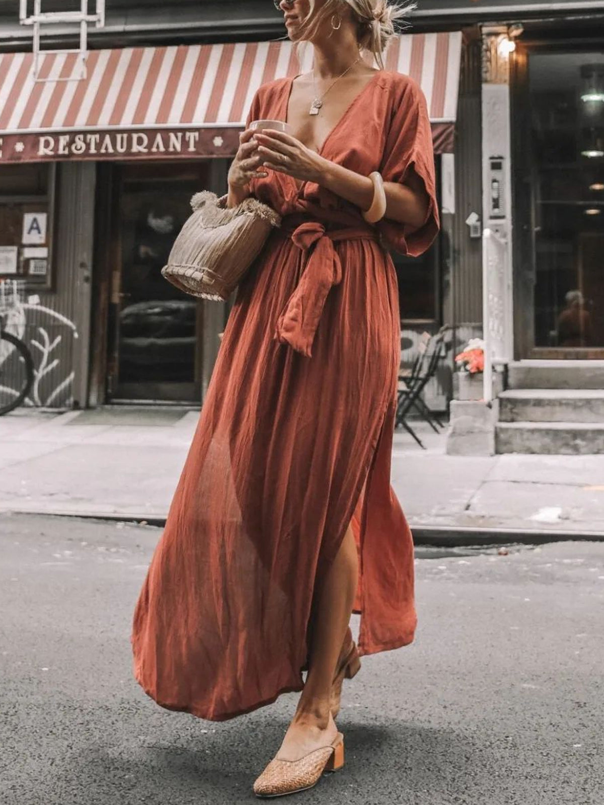 Cotton And Linen V-neck Belted Maxi Dress Boho Style