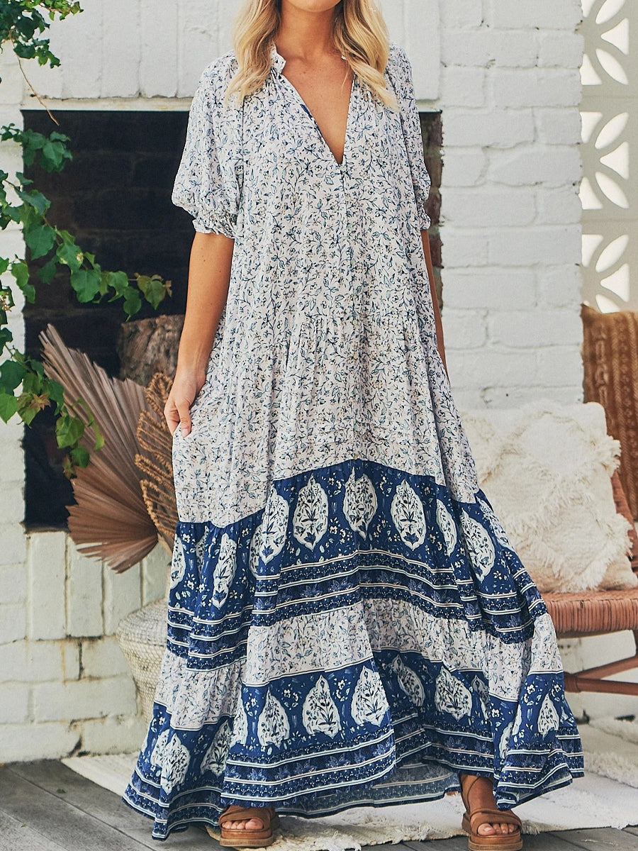Vintage Loose Ethnic Print V-Neck Short Sleeve Maxi Dress