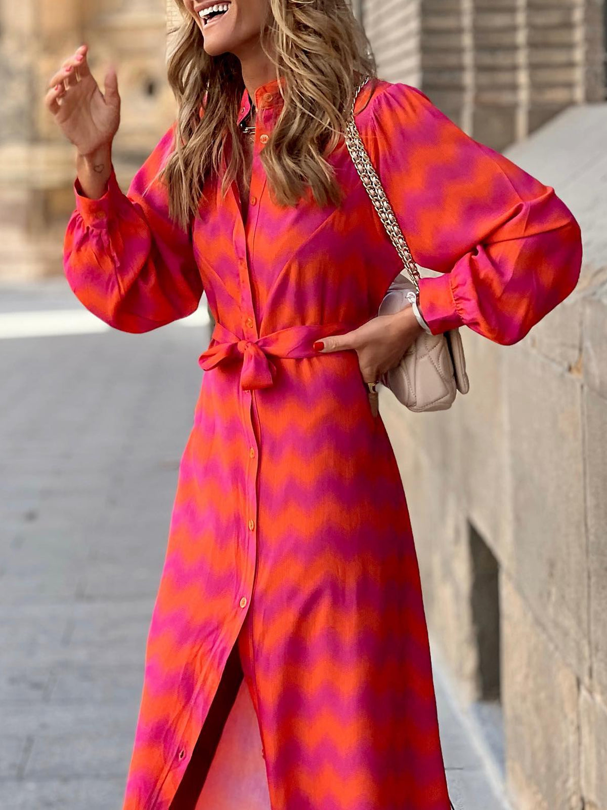 Color Blcok Geo Print V-Neck Button-up Maxi Dress