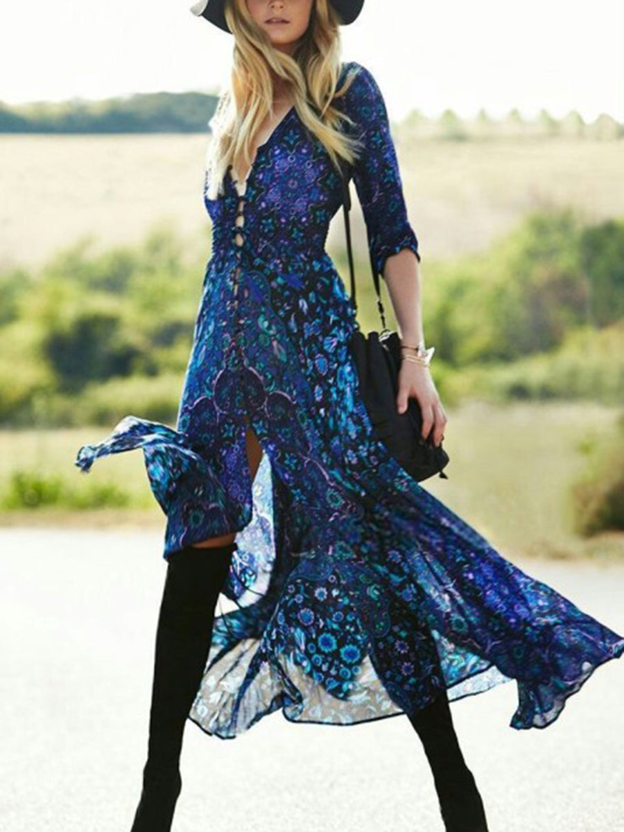 Bohemian Floral Print Long Sleeve V-Neck Casual Dress