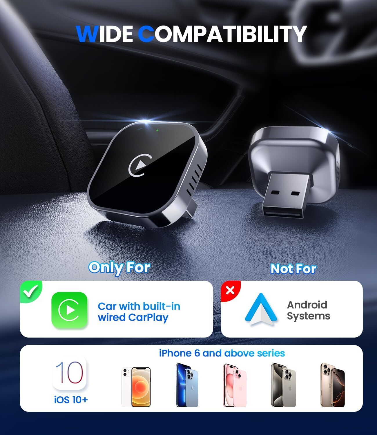 Wireless CarPlay Adapter 2025 for Wired CarPlay Cars – Plug & Play iPhone
